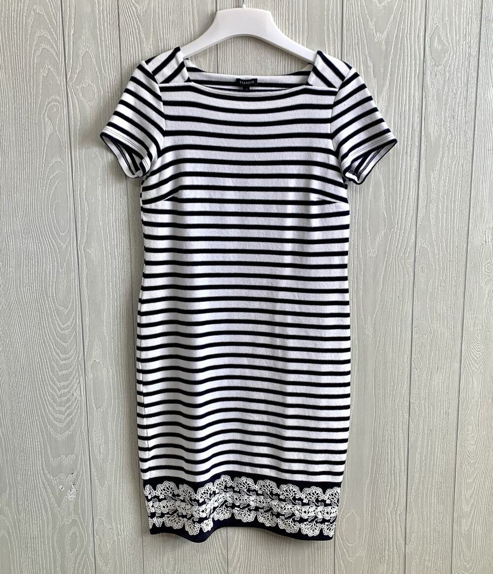 Talbots Navy White Stripe Short Sleeve Lace Trim Shift Dress XS